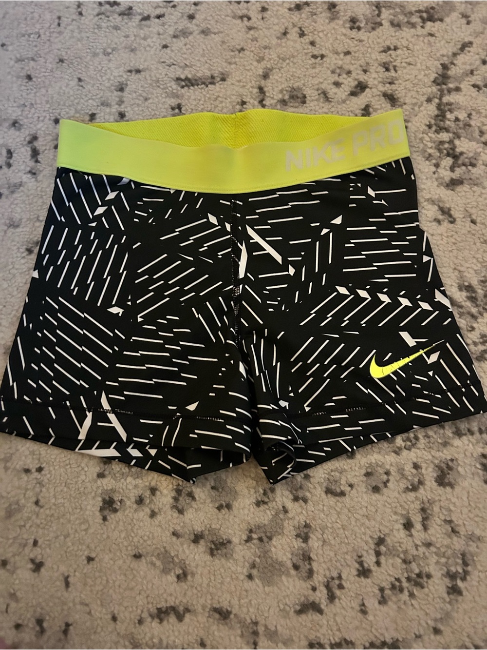 Nike Dri-Fit Black Workout Shorts with Neon Yellow Waistband and Swoosh small